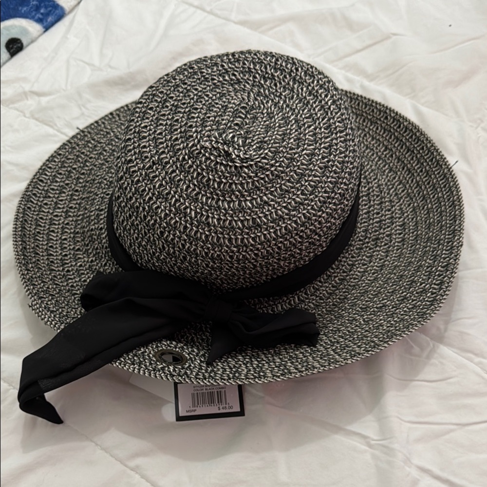 Nine West Chic Black and White Straw Hat with Ribbon